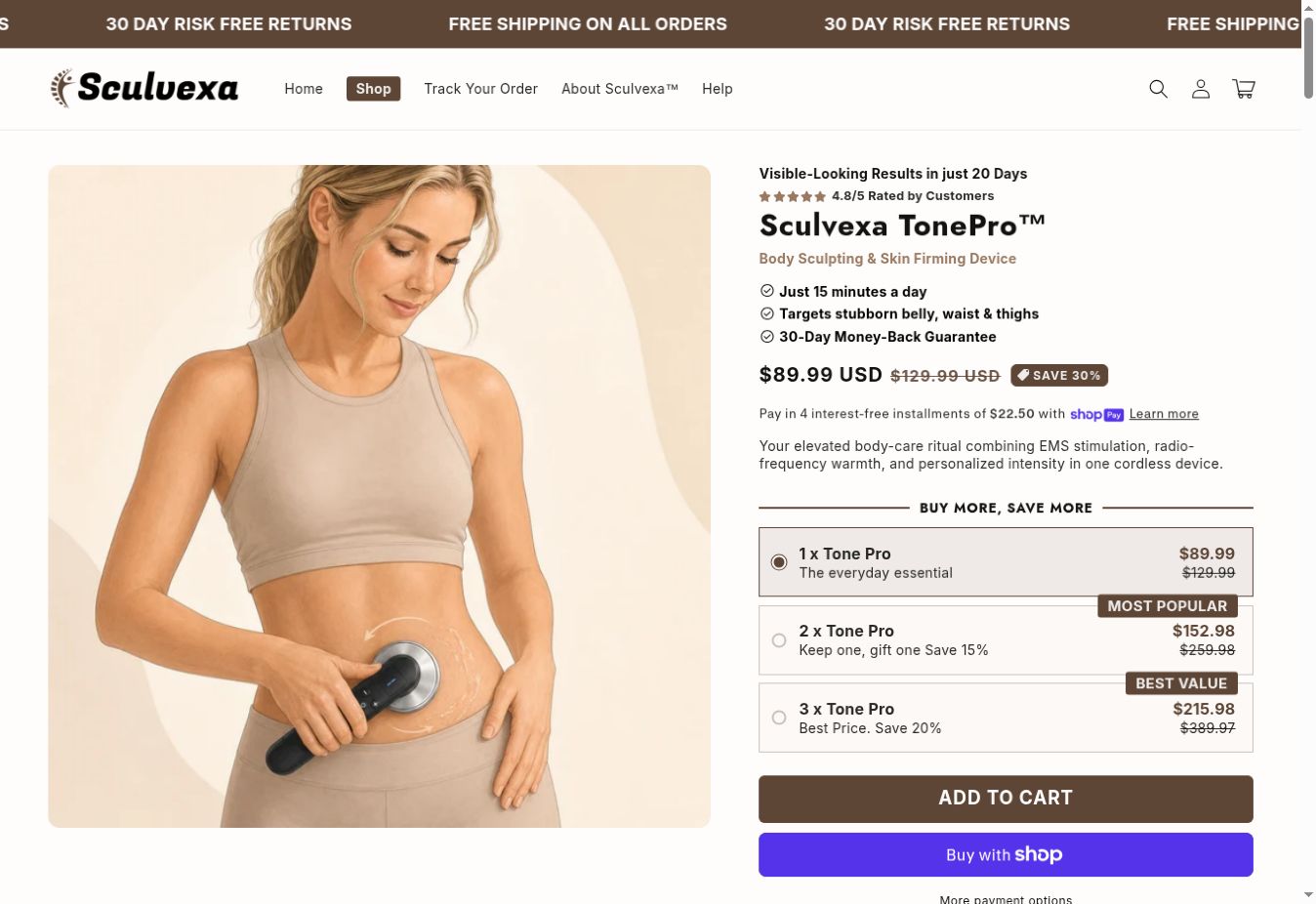 Pagina prodotto Shopify completata per Sculvexa